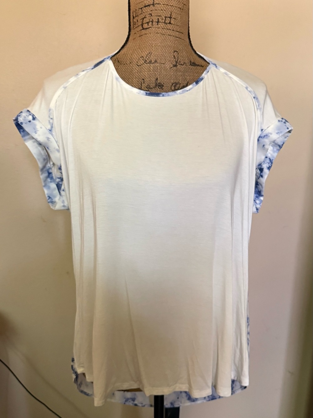 By & By White Tee with Blue Tie-Dye Trim